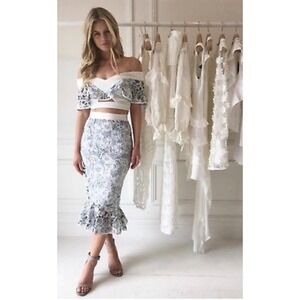 Donnee Par Dieu Floral Teal White Lace Two Piece Top Skirt Set Womens Size Small